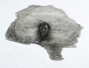 Self Portrait with fish, 2010, charcoal on plastic glue, 115X105 cm